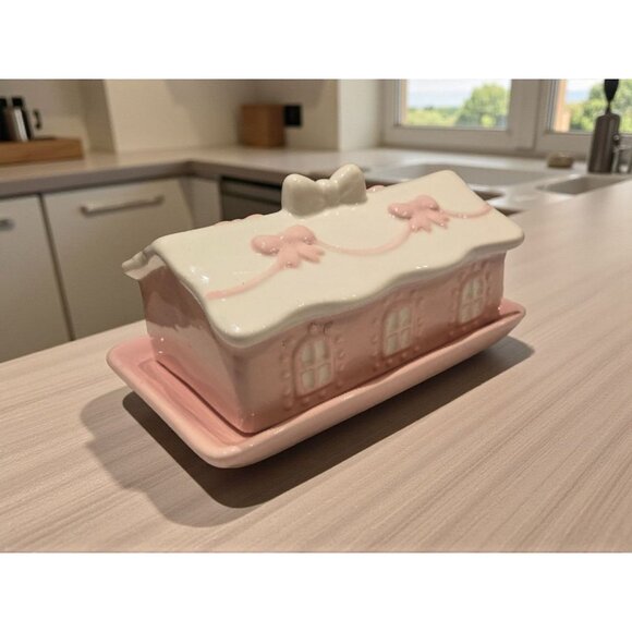 New Pink / White Ceramic Christmas Village Cottage House Bow Holiday Butter Dish - Picture 2 of 4